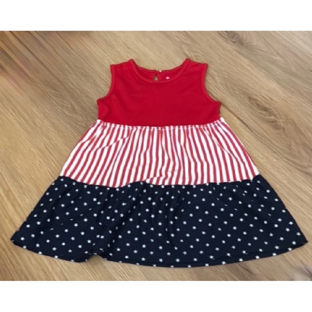 Planet Cotton Patriotic Red White Blue Stars Stripes Tiered Dress 24M Toddler